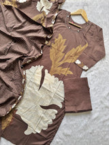 Coffee Brown Digital Printed Cotton Kurti Pant & Digital Print Stole Dupatta Set