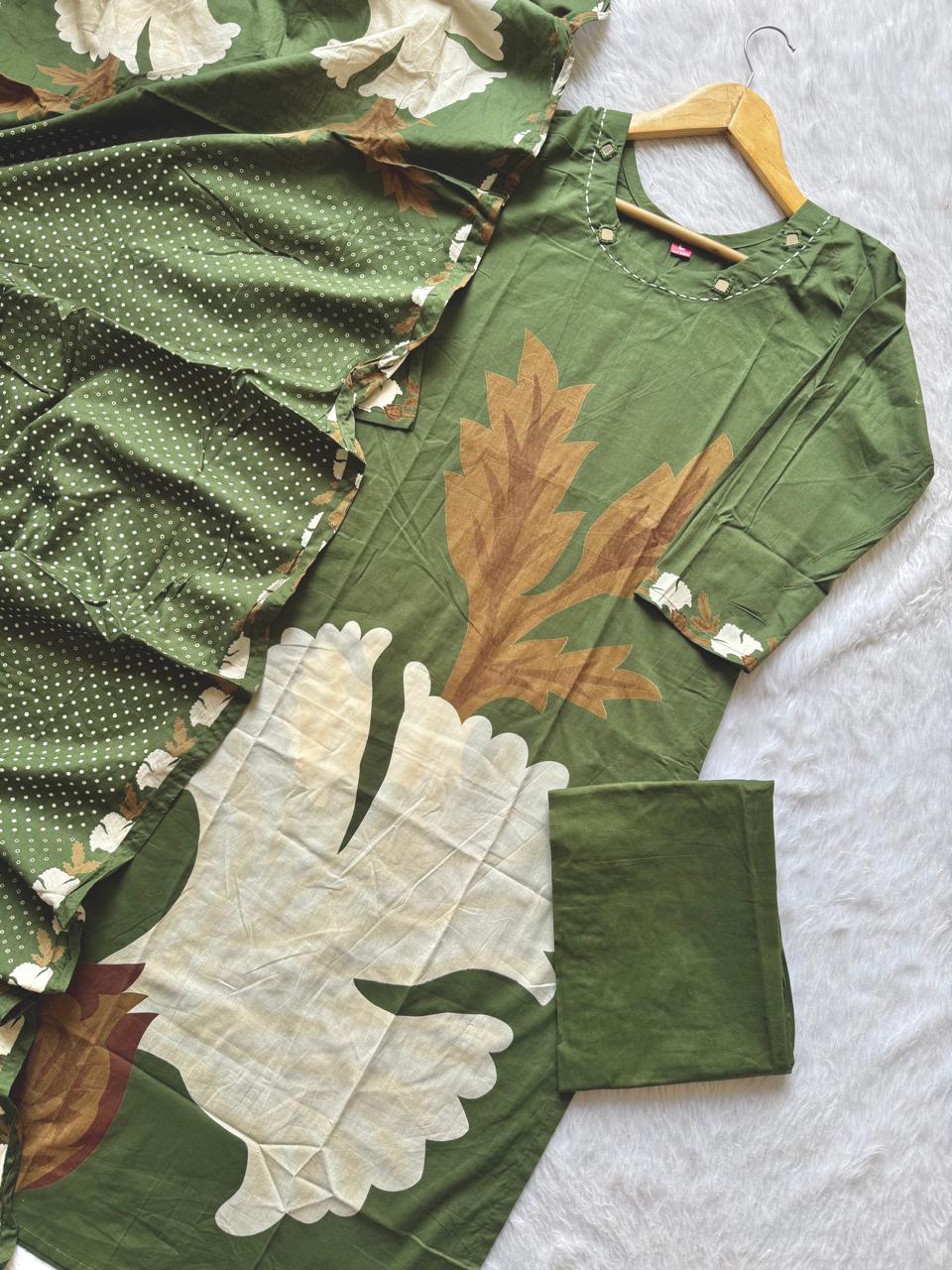 Olive Green Digital Printed Cotton Kurti Pant & Digital Print Stole Dupatta Set