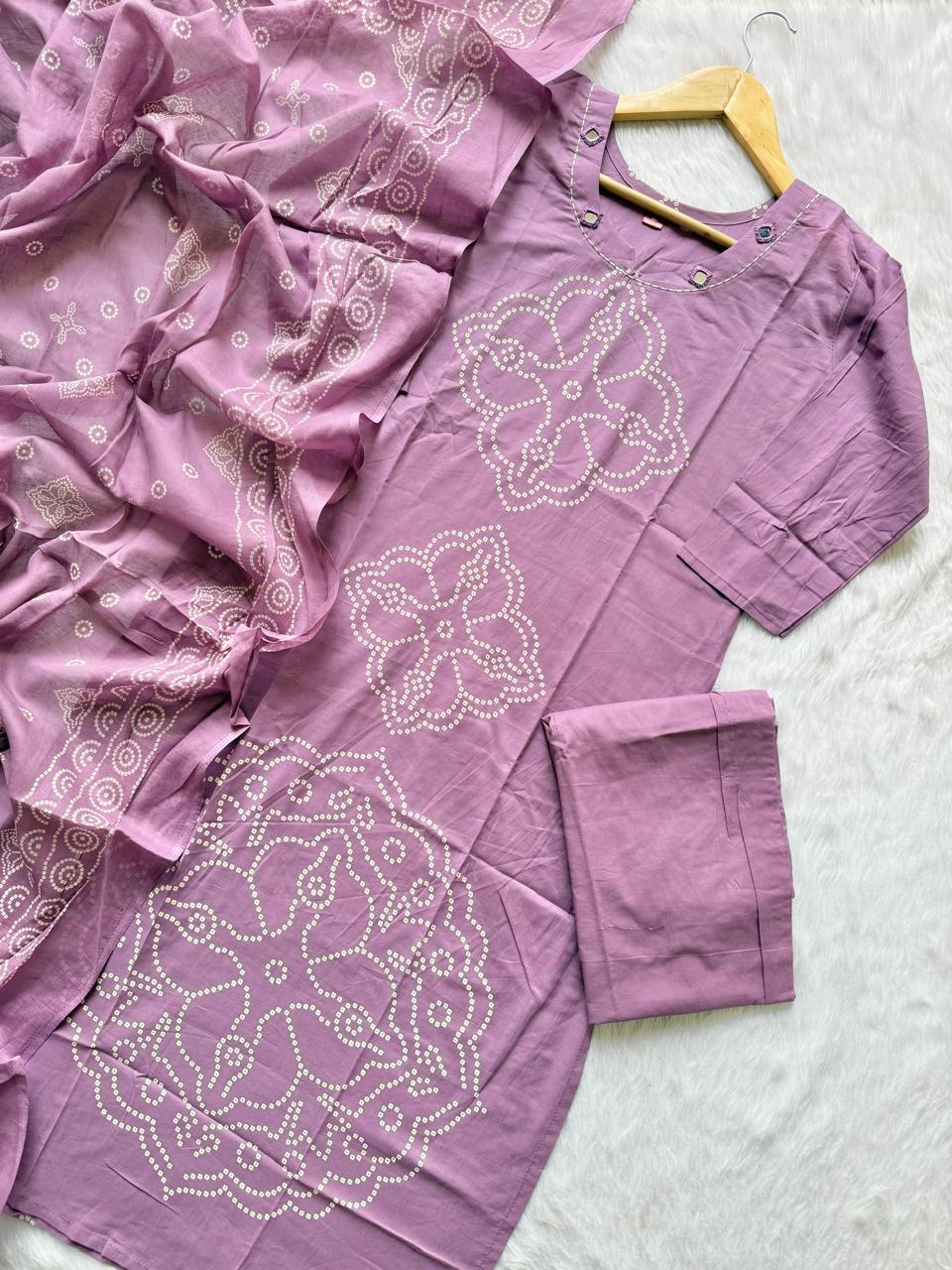 Lavender Bandhej Discharge Print Cotton Kurti Pant & Dupatta Set