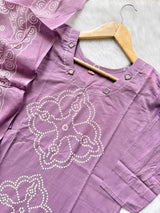 Lavender Bandhej Discharge Print Cotton Kurti Pant & Dupatta Set