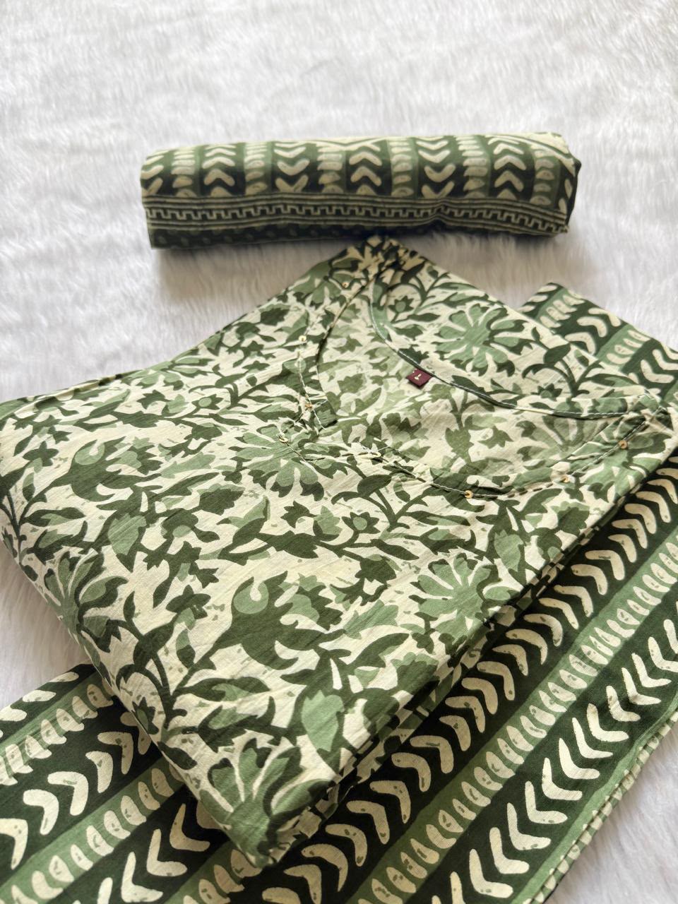 Cotton Printed Kurti Pant & Dupatta Set - Olive Green