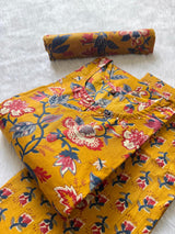 Floral Printed Cotton Kurti Pant & Dupatta Set - Mustard Yellow
