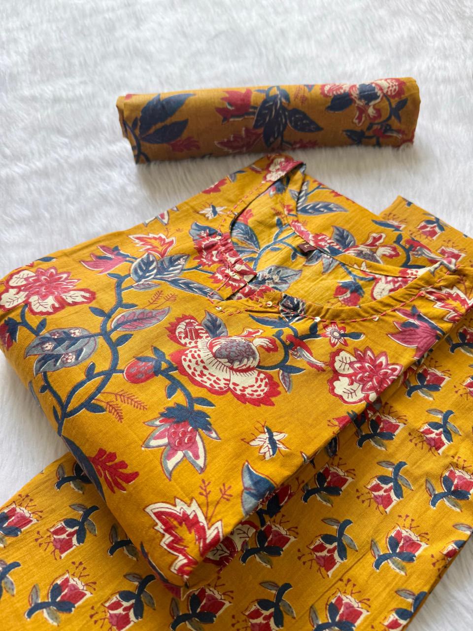 Floral Printed Cotton Kurti Pant & Dupatta Set - Mustard Yellow