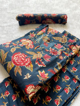 Floral Printed Cotton Kurti Pant & Dupatta Set - Blue
