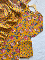 Floral Printed Cotton Kurti Pant & Dupatta Set - Mustard Yellow