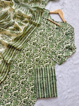 Cotton Printed Kurti Pant & Dupatta Set - Olive Green