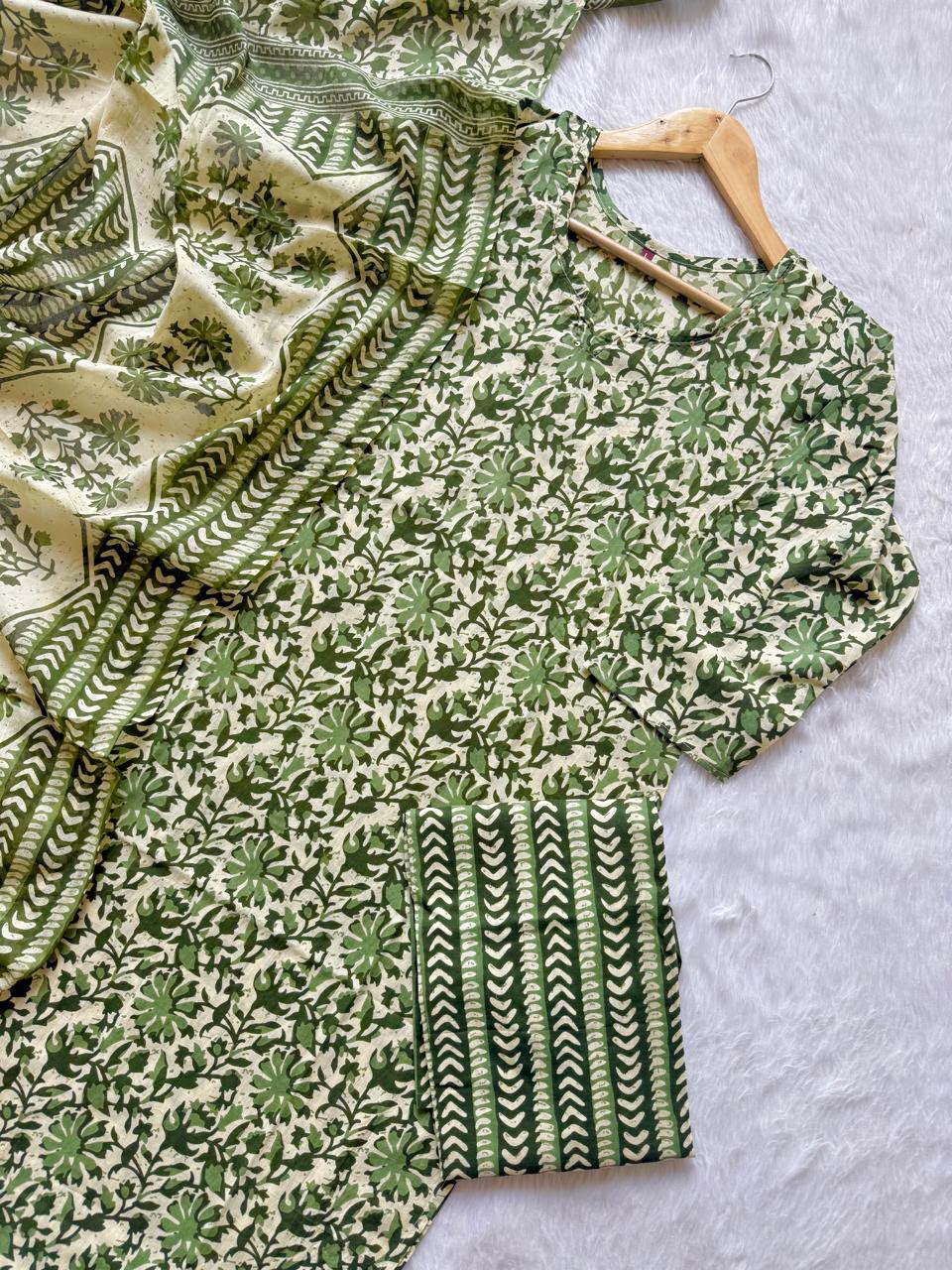 Cotton Printed Kurti Pant & Dupatta Set - Olive Green