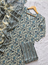 Cotton Printed Kurti Pant & Dupatta Set - Blue Grey