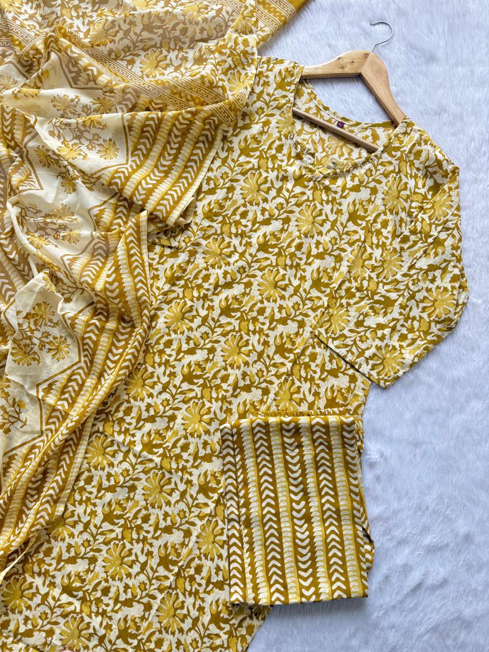 Cotton Printed Kurti Pant & Dupatta Set - Mustard Yellow