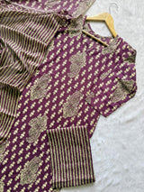 Cotton Printed Kurti Pant & Dupatta Set - Purple