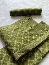 Floral Printed Kurti Pant & Dupatta Set with Mirror Work Yoke - Olive Green