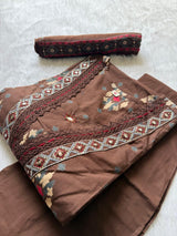 Embroidered V-Neck Cotton Kurti Pant & Printed Dupatta Set - Chocolate Brown