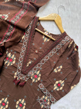 Embroidered V-Neck Cotton Kurti Pant & Printed Dupatta Set - Chocolate Brown