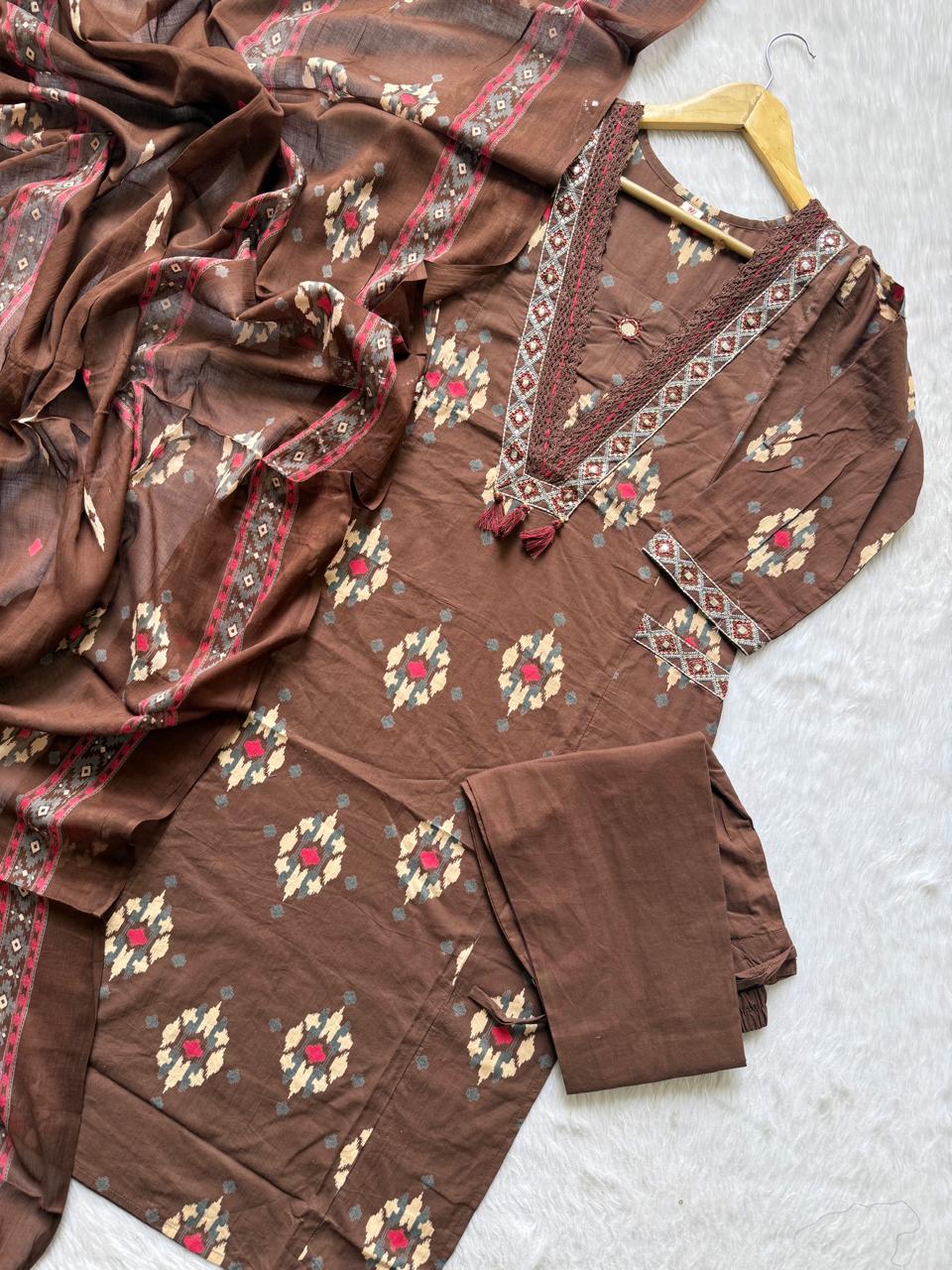 Embroidered V-Neck Cotton Kurti Pant & Printed Dupatta Set - Chocolate Brown
