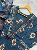 Embroidered V-Neck Cotton Kurti Pant & Printed Dupatta Set - Steel Blue
