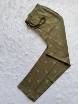 Mirror Work Yoke Kurti Pant & Printed Dupatta Set - Olive Green
