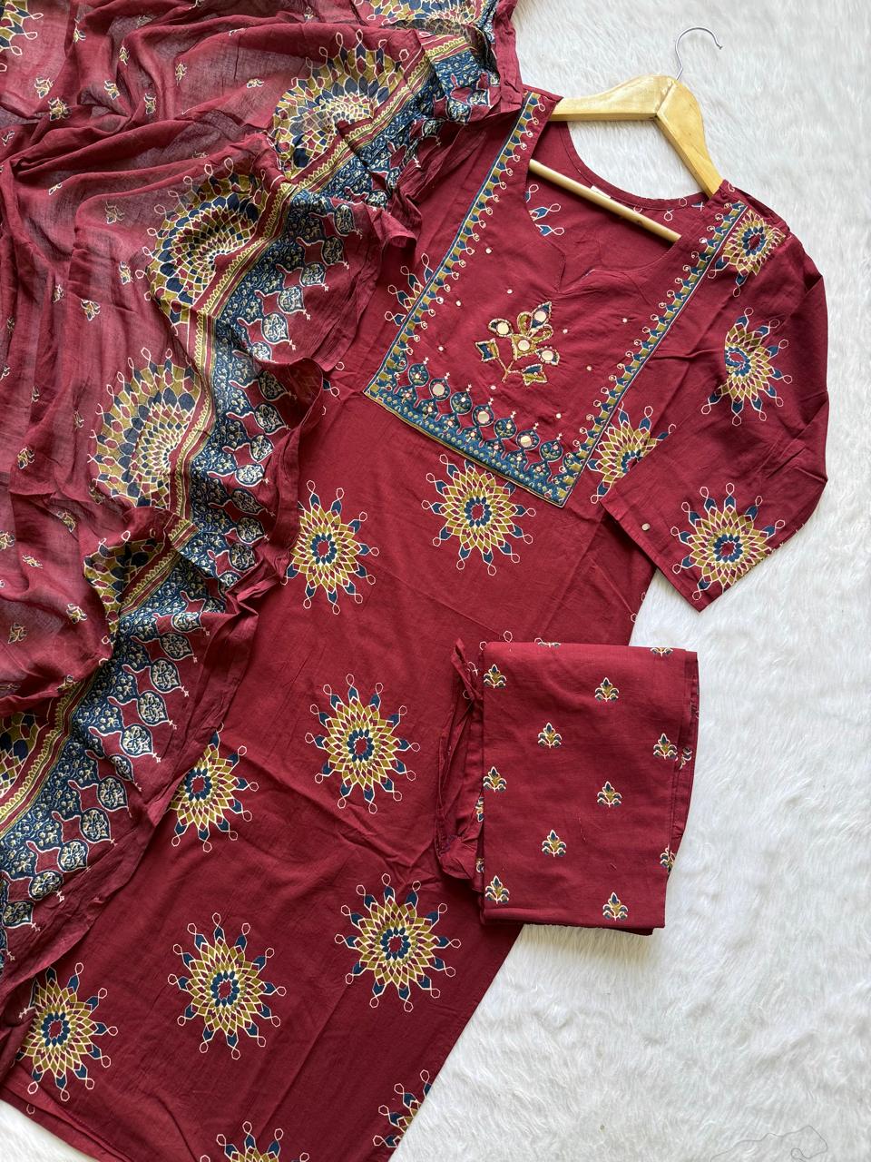 Mirror Work Yoke Kurti Pant & Printed Dupatta Set - Maroon