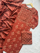 Floral Printed Kurti Pant & Dupatta Set with Mirror Work Yoke - Rust Orange