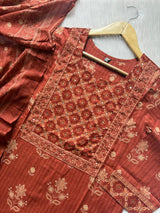 Floral Printed Kurti Pant & Dupatta Set with Mirror Work Yoke - Rust Orange