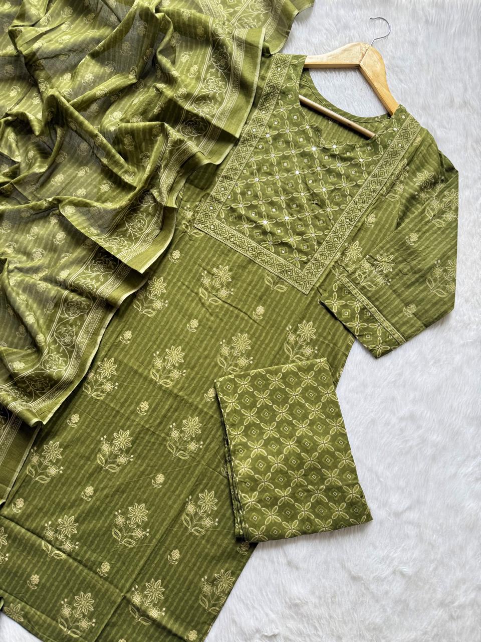 Floral Printed Kurti Pant & Dupatta Set with Mirror Work Yoke - Olive Green