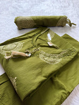 Paisley Printed Kurti Pant & Dupatta Set with Embellished Neck - Olive Green