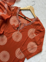 Cotton Printed Kurti Pant & Dupatta Set with Embellished Round Neck - Rust Orange