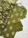 Paisley Printed Kurti Pant & Dupatta Set with Embellished Neck - Olive Green
