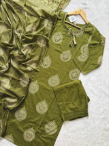 Paisley Printed Kurti Pant & Dupatta Set with Embellished Neck - Olive Green