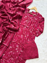 Magenta Premium Muslin Floral Printed Kurti Pant & Dupatta Set