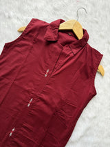 Wine Cotton Embroidered Sleeveless Collared Kurti with Straight Pant - Cord Set