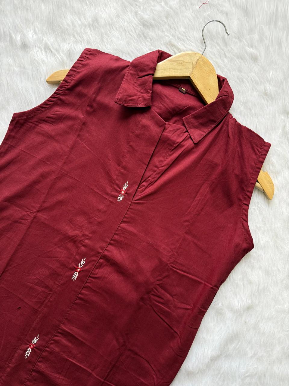Wine Cotton Embroidered Sleeveless Collared Kurti with Straight Pant - Cord Set