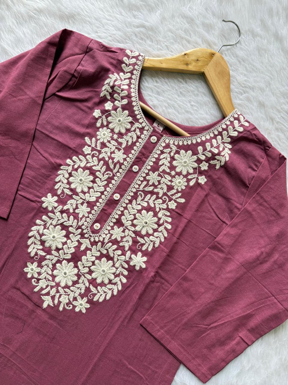 Mauve Cotton Neck Embroidery Co-ord Set