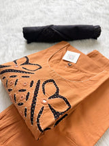 Peach Orange Appliqué Work Cotton Kurti Palazzo Dupatta Set