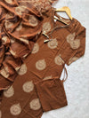 Cotton Brown Printed Cotton Kurti Pant Dupatta Set