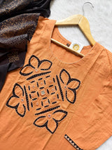 Peach Orange Appliqué Work Cotton Kurti Palazzo Dupatta Set