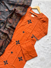 Rust Orange Appliqué Work Cotton Kurti Pant Dupatta Set
