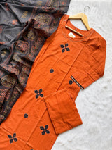 Rust Orange Appliqué Work Cotton Kurti Pant Dupatta Set