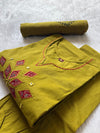 Olive Green Appliqué Work Cotton Kurti Pant Dupatta Set