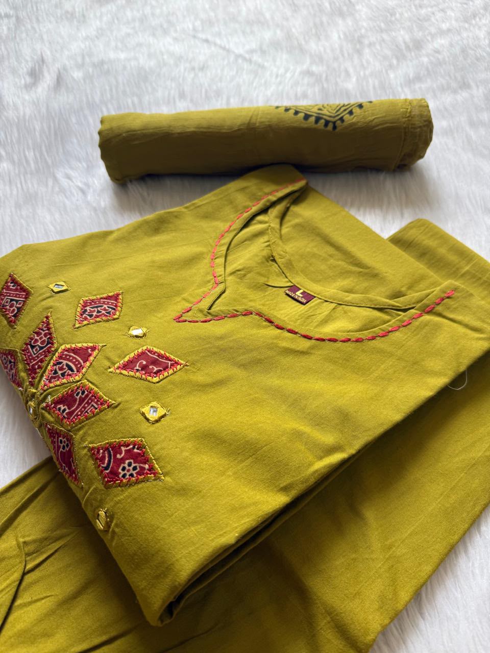 Olive Green Appliqué Work Cotton Kurti Pant Dupatta Set