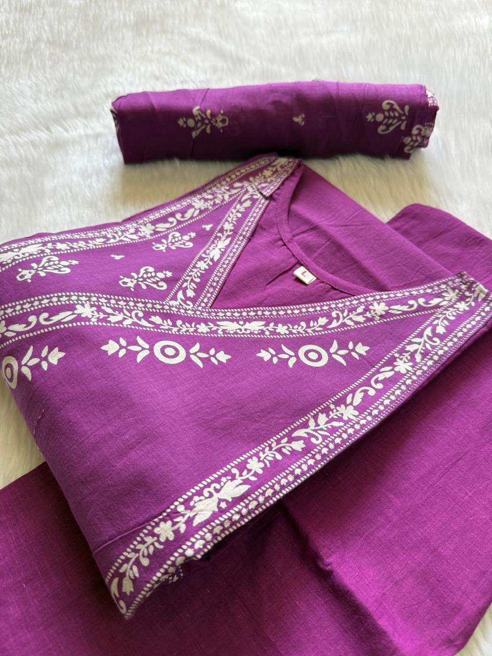 Magenta Purple Cotton Kurti Pant Dupatta Set