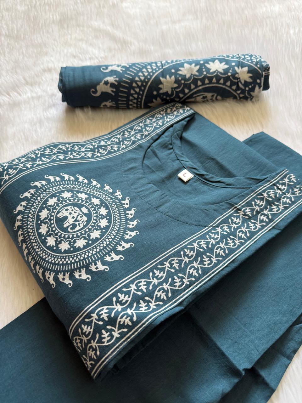 Teal Blue Cotton Kurti Pant Dupatta Set