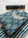 Teal Blue Round Notch Neck Floral Printed Cotton Kurti Pant Dupatta Set