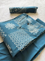 Cotton Steel Blue Printed Cotton Kurti Pant Dupatta Set
