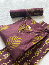 Round Neck Leaf Printed Cotton Kurti Pant Dupatta Set - Wine Purple