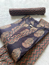 Round Neck Floral Printed Cotton Kurti Pant Dupatta Set - Charcoal Grey