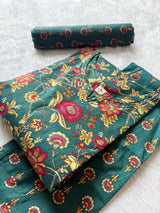 Round Neck Floral Printed Cotton Kurti Pant Dupatta Set - Green