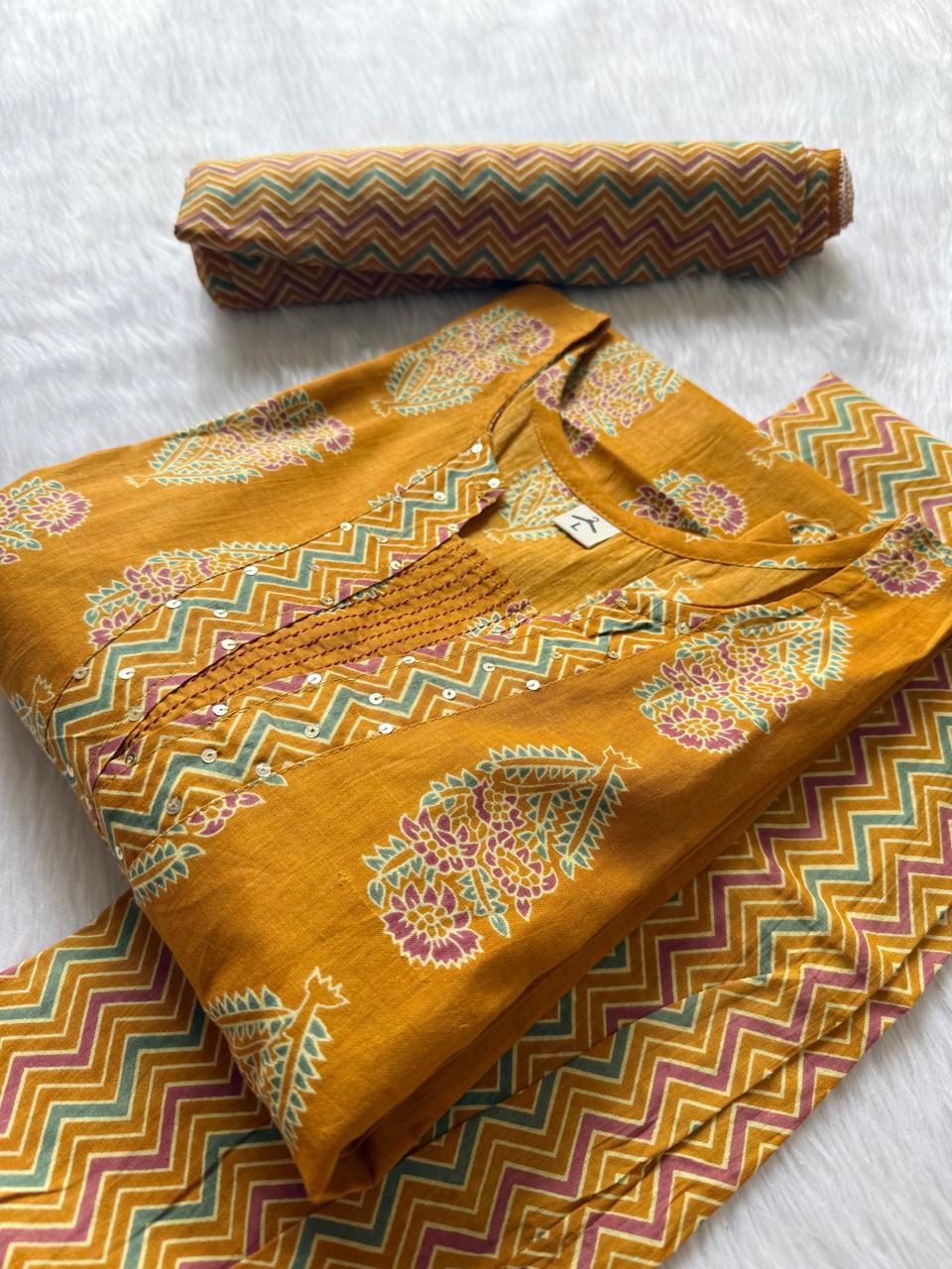 Round Neck Floral Printed Cotton Kurti Pant Dupatta Set - Mustard Yellow