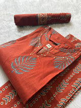 Round Neck Leaf Printed Cotton Kurti Pant Dupatta Set - Rust Orange