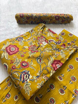 Round Neck Floral Printed Cotton Kurti Pant Dupatta Set - Yellow