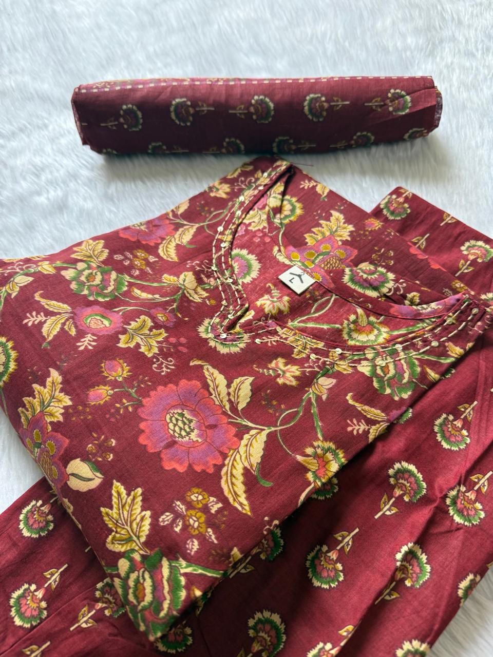 Round Neck Floral Printed Cotton Kurti Pant Dupatta Set - Maroon